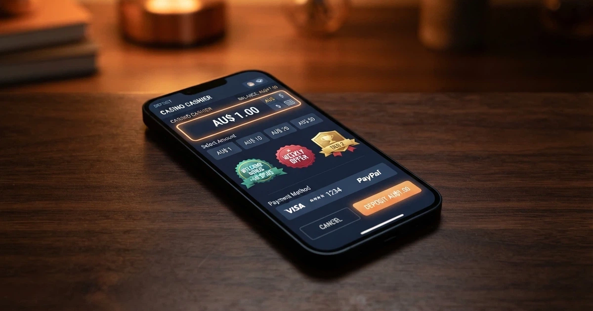 A smartphone screen showing an online casino cashier with a highlighted minimum deposit field set to AU$1, surrounded by marketing badges promising bonuses
