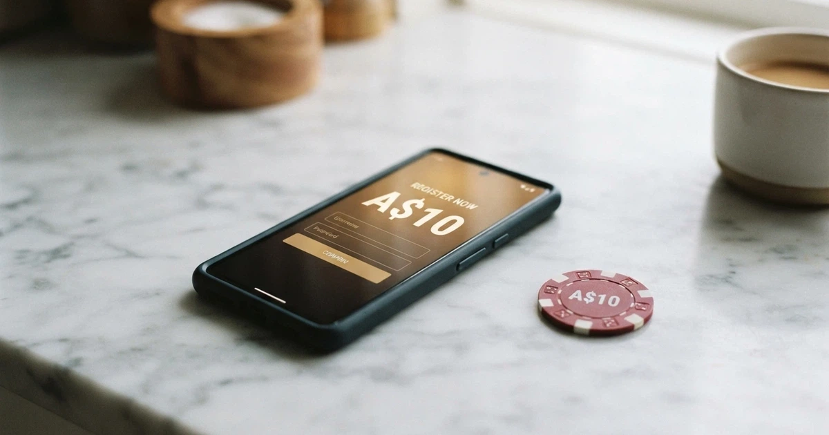A smartphone screen showing an Australian online casino registration form next to a $10 chip icon and a PayID banking app logo