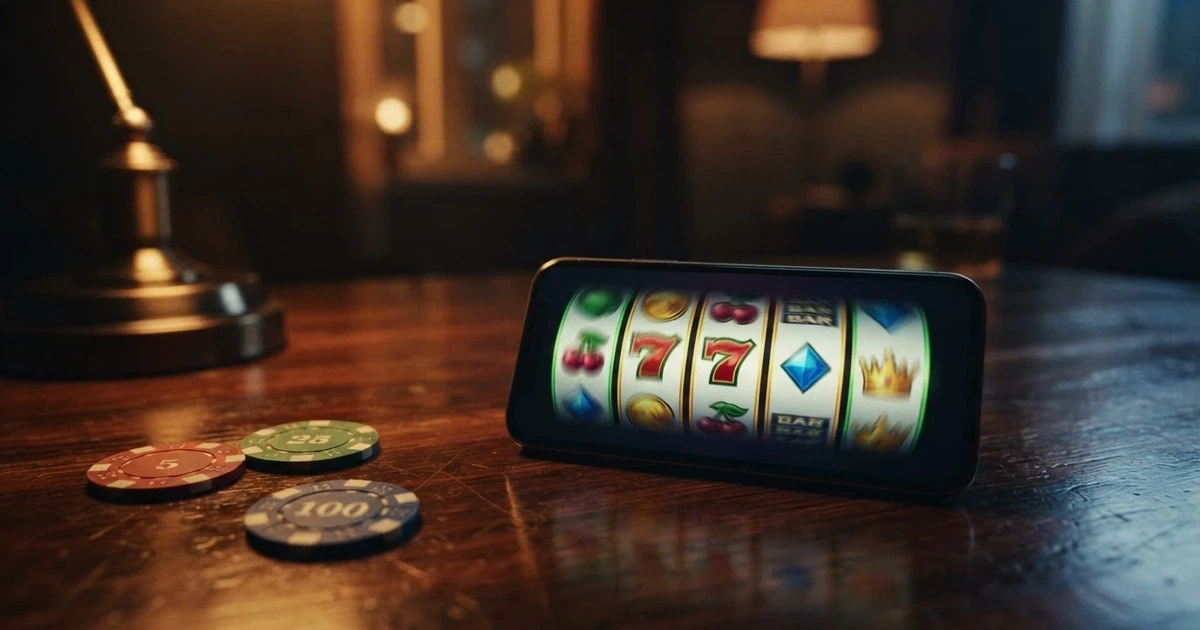 A smartphone screen showing colourful online pokie reels spinning, with Australian dollar notes visible in the background