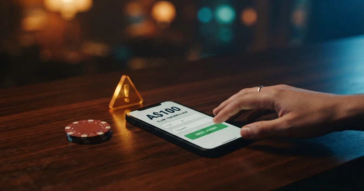 A A$100 polymer banknote beside a smartphone displaying an online casino sign-up form, with a warning-triangle icon superimposed over the casino logo