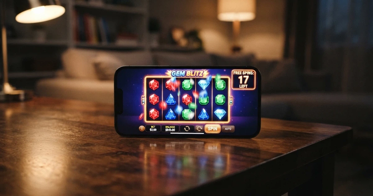 A smartphone screen showing a colourful online pokie game with a free spins bonus round active and the spin counter visible