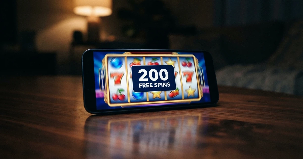 A smartphone screen showing a colourful online pokie reels spinning with a “200 Free Spins” promotional badge overlaid, against a dark casino-style background.