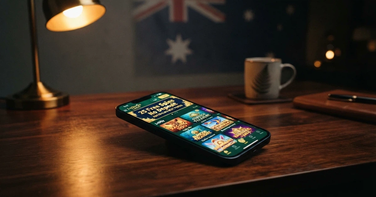 A smartphone screen showing a colourful online pokies lobby with a “25 Free Spins No Deposit” promotional banner, overlaid on a dimmed Australian flag background