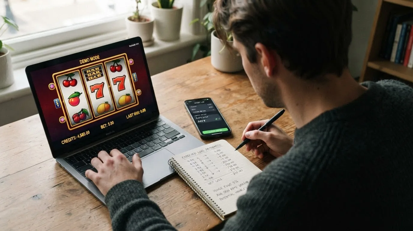 A player choosing between a demo-mode pokie screen and a real-money deposit screen, with a calculator overlay showing the expected loss