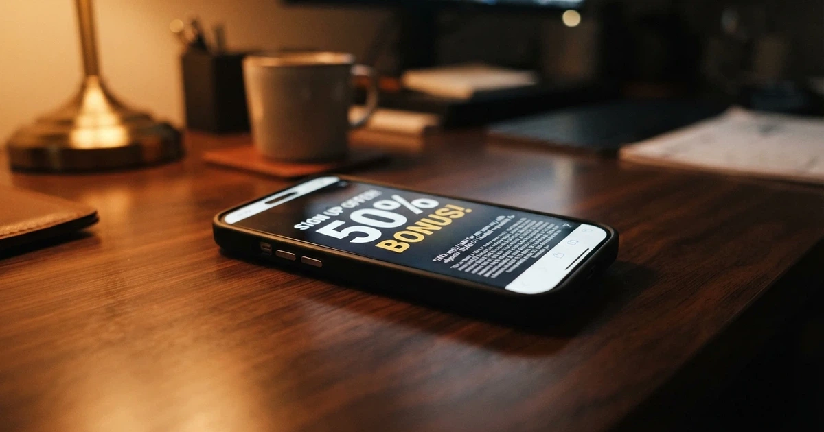 A smartphone screen showing an online casino bonus claim page with a prominent “$300” offer badge and fine-print terms visible below it