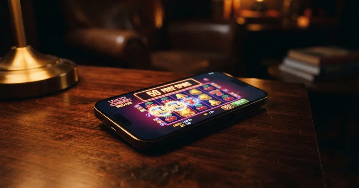 A mobile phone showing an online pokies reel mid-spin with a free-spins counter above the reels
