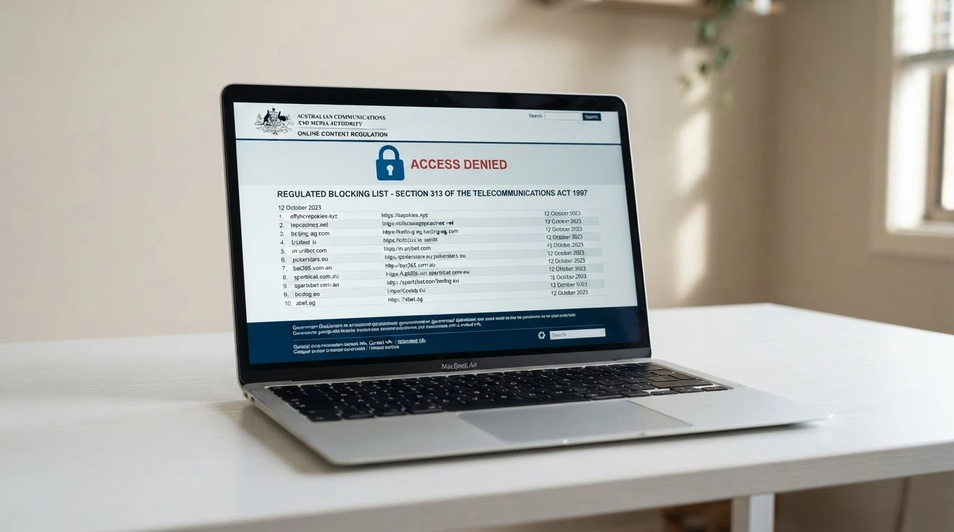 A laptop screen displaying the ACMA website's blocked-services page with a padlock icon and Australian government branding visible