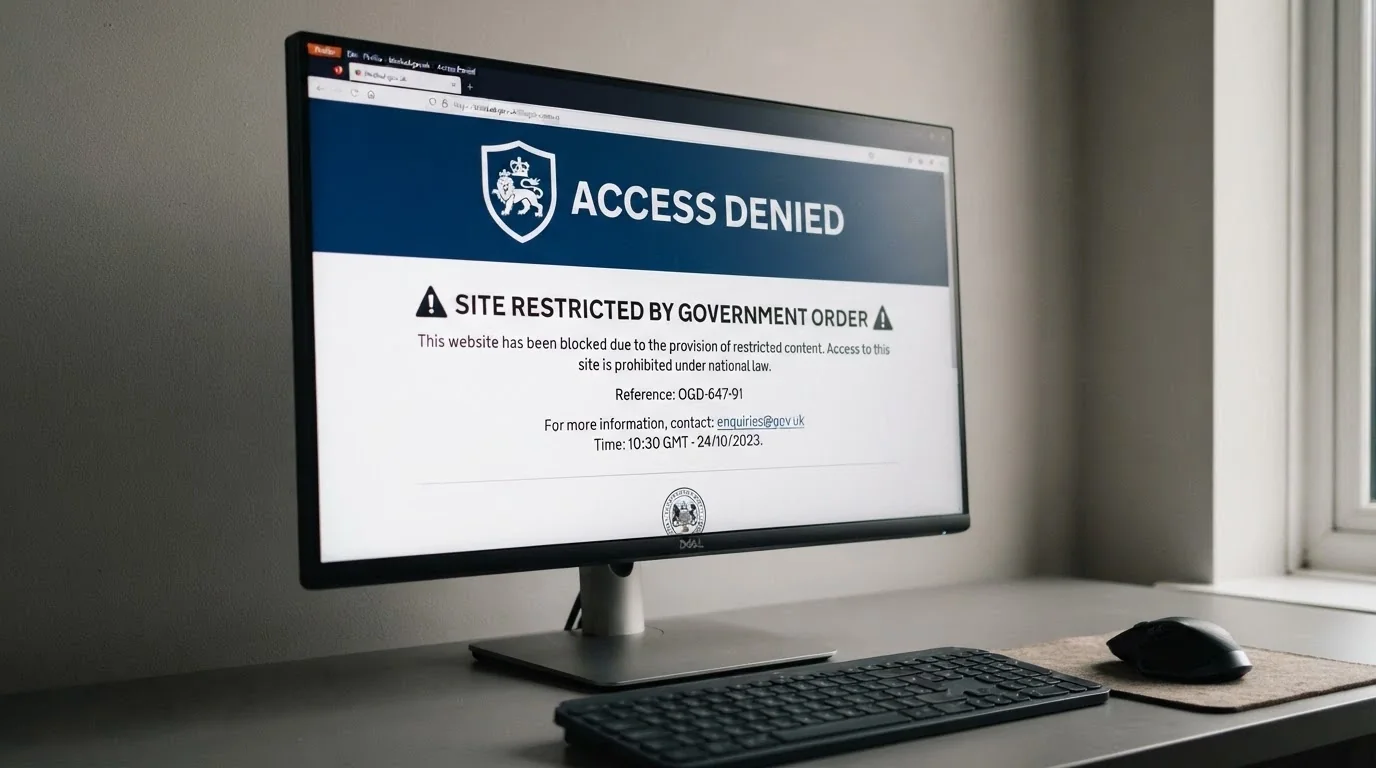 A browser window displaying an ACMA blocking notice or a list of blocked domain names with the ACMA logo visible