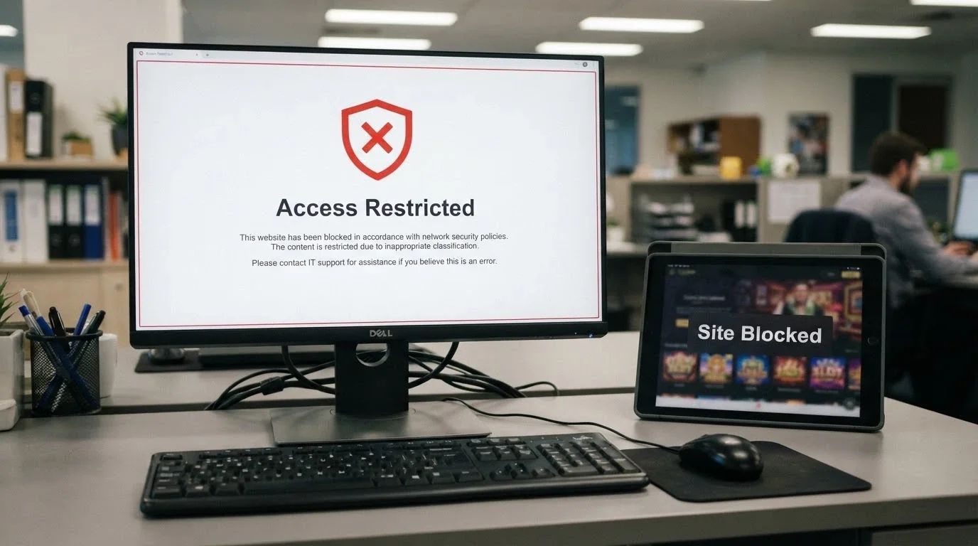 A computer screen showing an ACMA blocking notice page with the Australian Government crest, beside a faded-out casino lobby screen partly obscured by a “Site Blocked” overlay