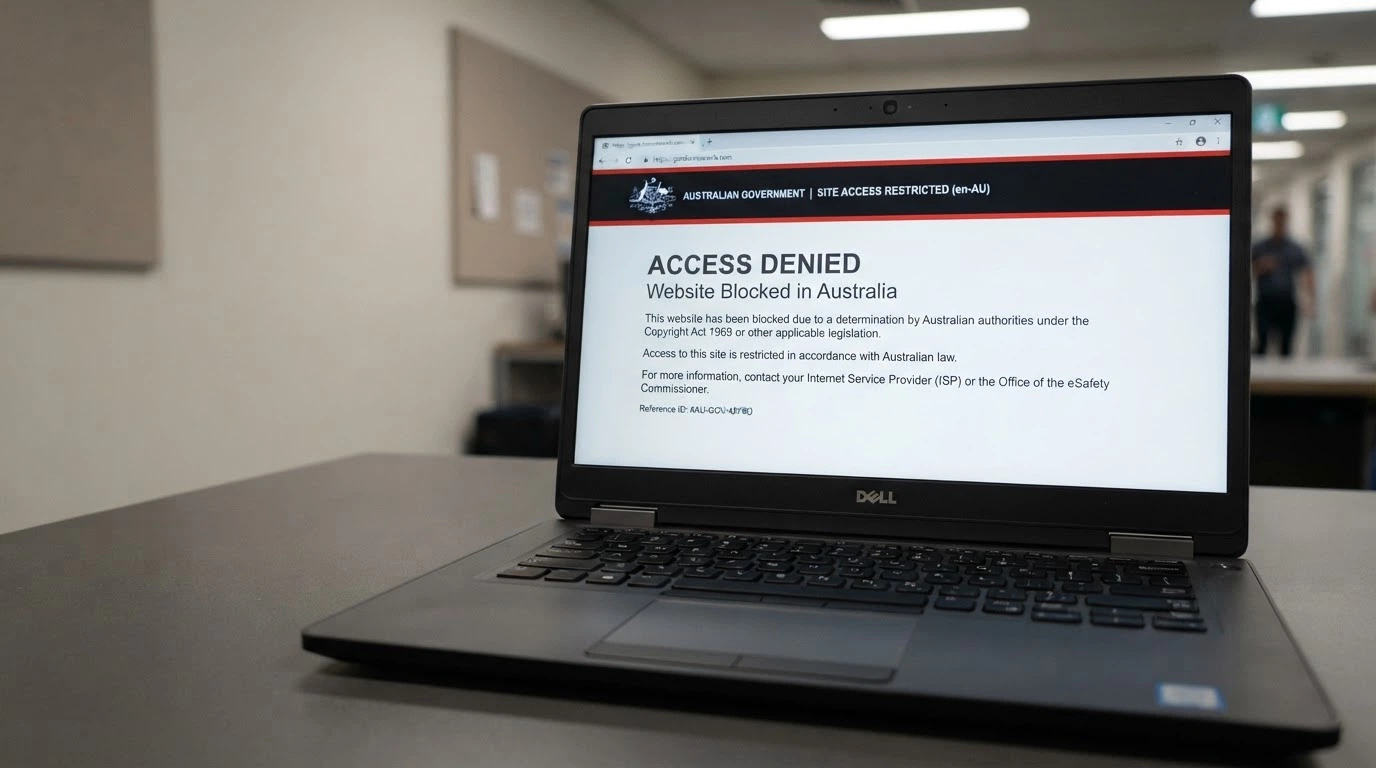 A browser window displaying an ACMA-branded page listing blocked gambling websites with a visible URL referencing the acma.gov.au domain