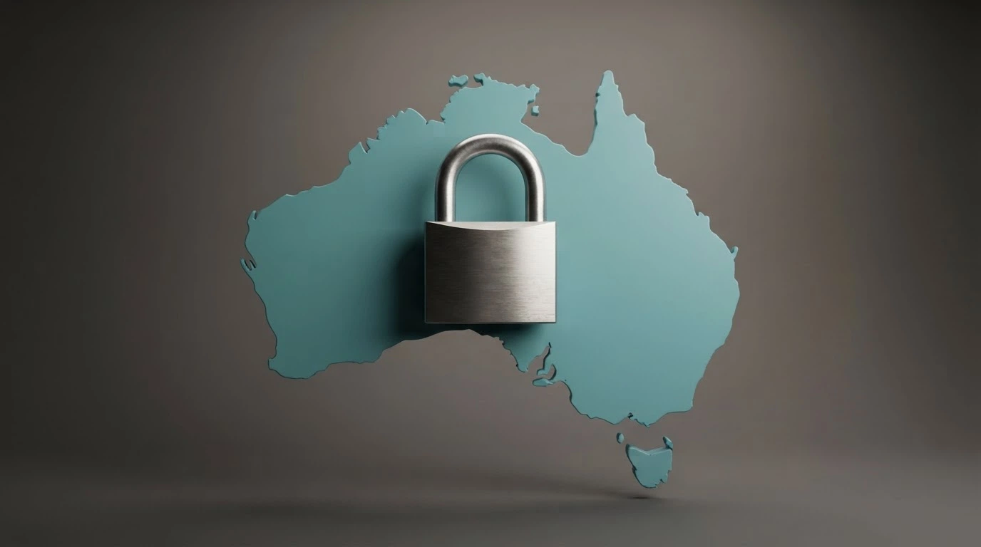 A stylised map of Australia with a lock or prohibition symbol over online casino imagery