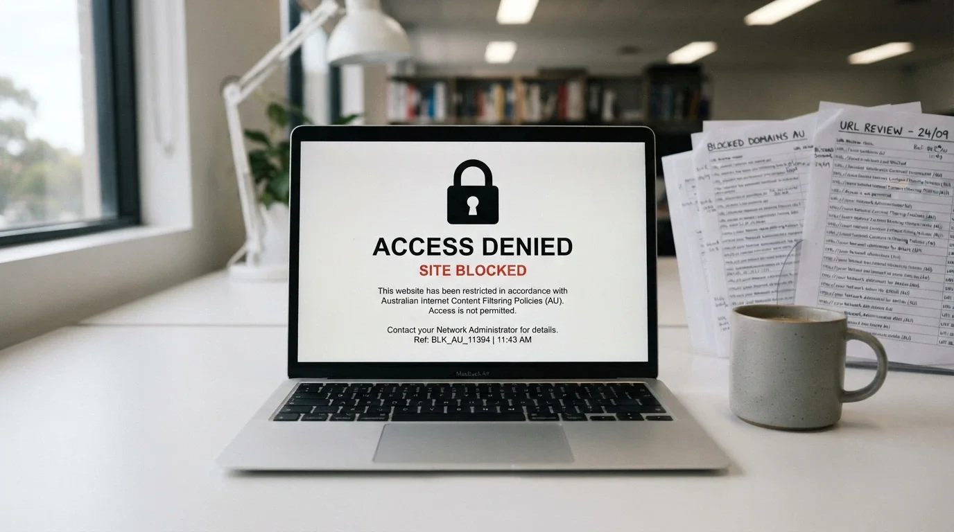 A laptop screen displaying an “Access Denied — Site Blocked” notice with the ACMA logo visible, a stack of blocked-site URLs fading into the background