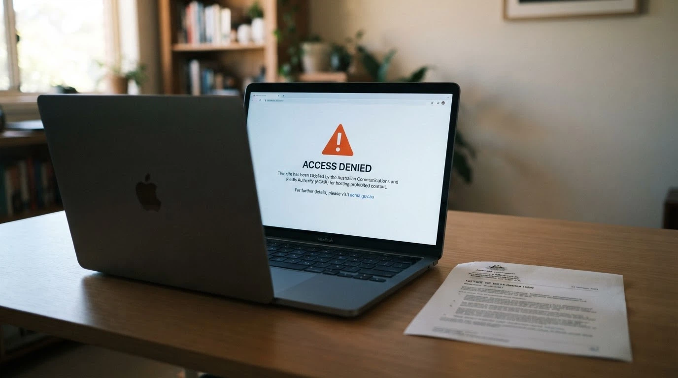 An ACMA website notice or blocking screen displayed in a browser window alongside an Australian Government crest
