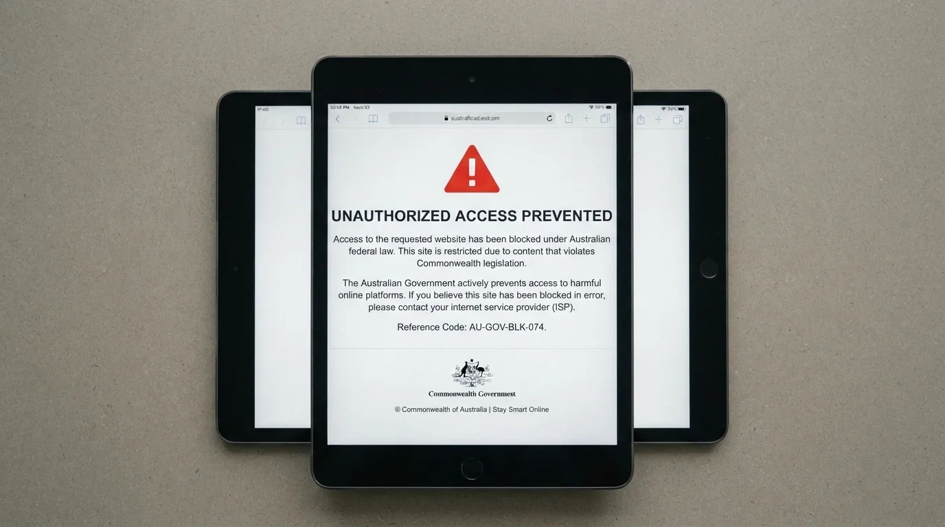A close-up of an iPad screen showing an ACMA blocking notice or a geo-restriction warning page with text readable