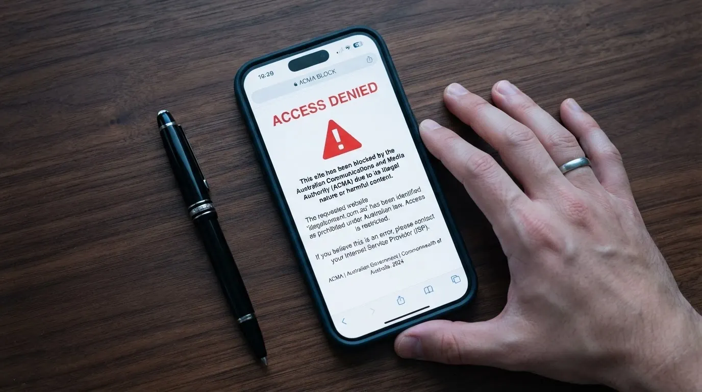 A smartphone browser showing the ACMA blocking notice — the official screen an Australian player sees when an illegal gambling site has been blocked by an ISP