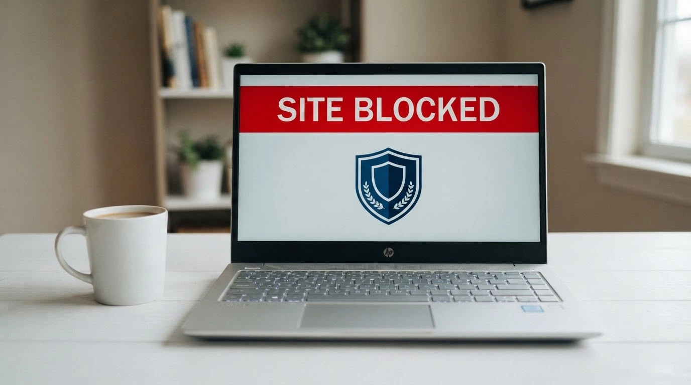 A browser window displaying an ACMA blocked-site notice with the Australian coat of arms visible