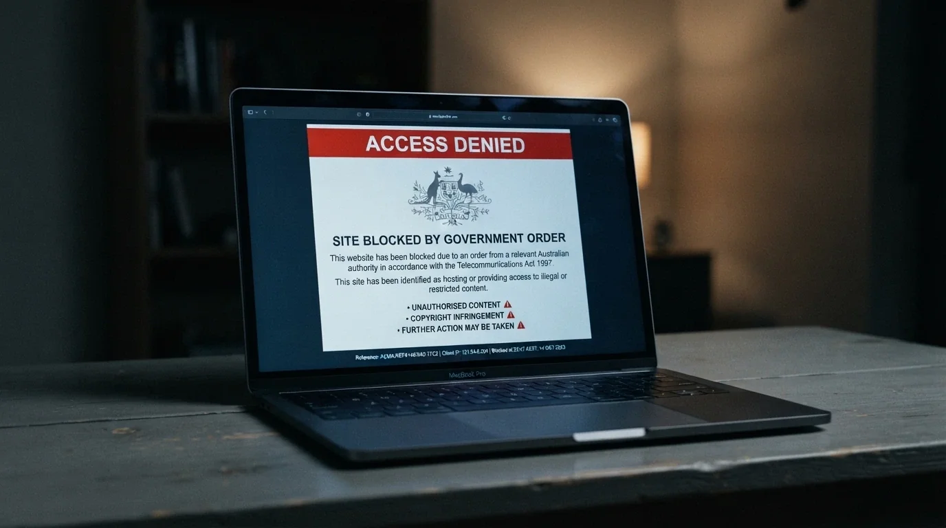 A browser window showing an ACMA blocking notice on an offshore gambling site, with the ACMA logo clearly visible and Australian IP address text beneath