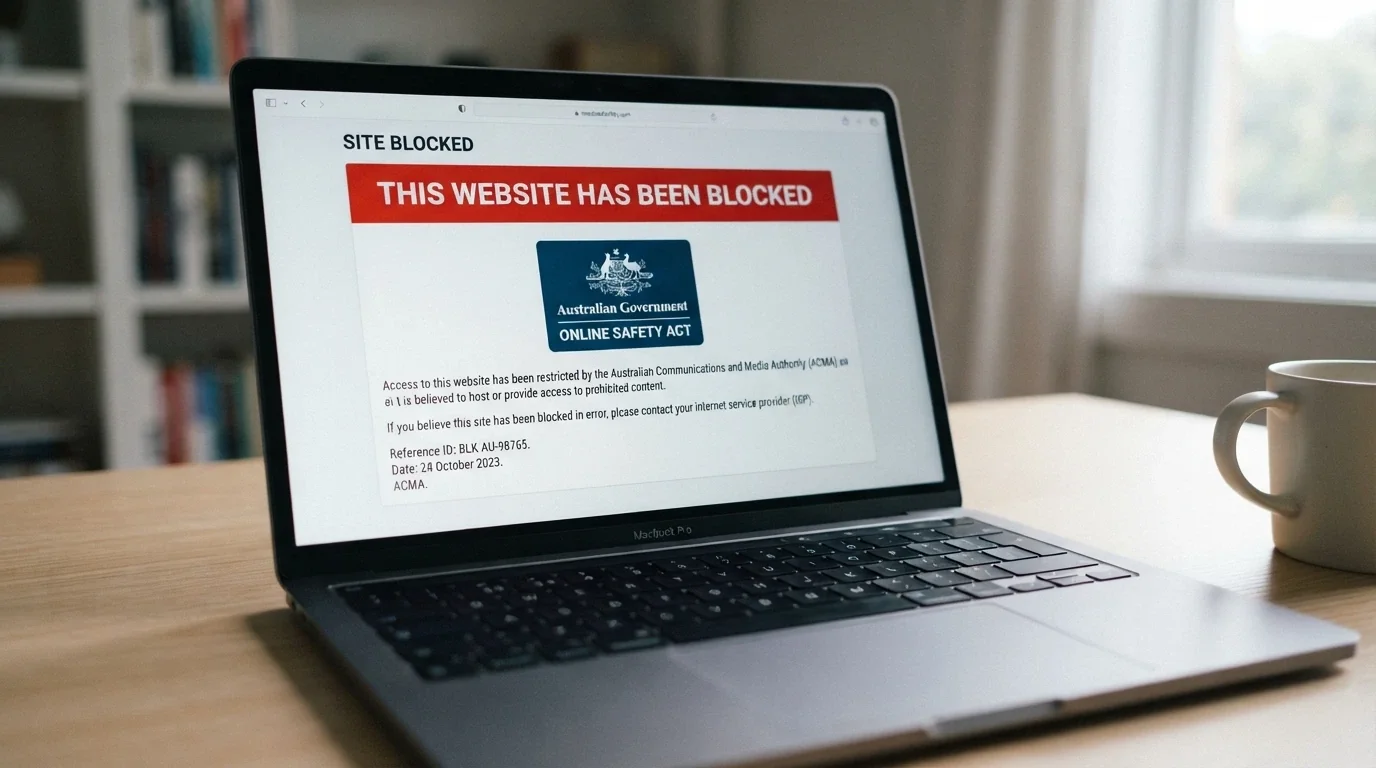 A browser window displaying the ACMA blocking notice that appears when an Australian ISP blocks an illegal gambling website, with the ACMA logo visible