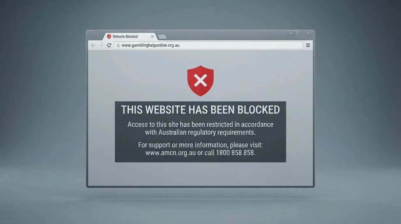 A stylised browser window displaying an ACMA blocking notice — the page that appears when an Australian ISP blocks an illegal gambling site — with the ACMA logo and the words “This website has been blocked” prominent