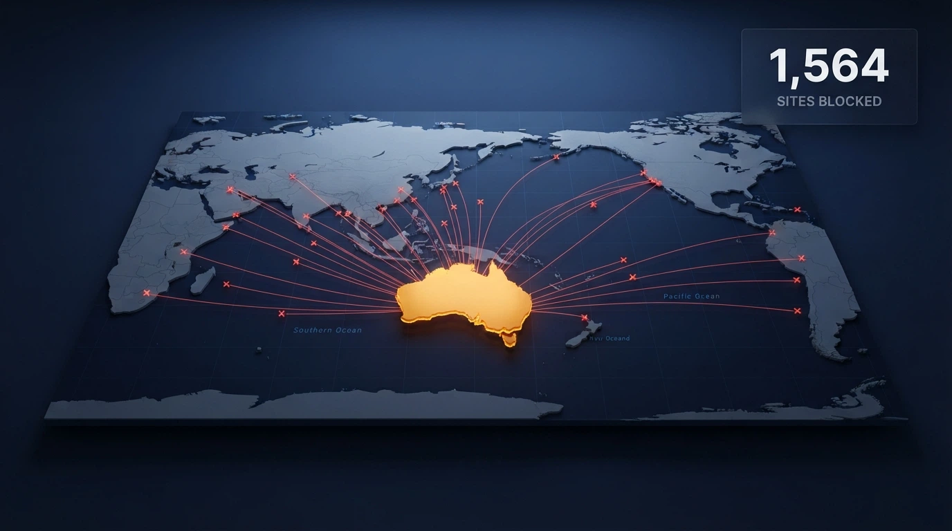 A world map with lines blocked at the Australian border and a counter showing 1,564 on a regulator-branded dashboard