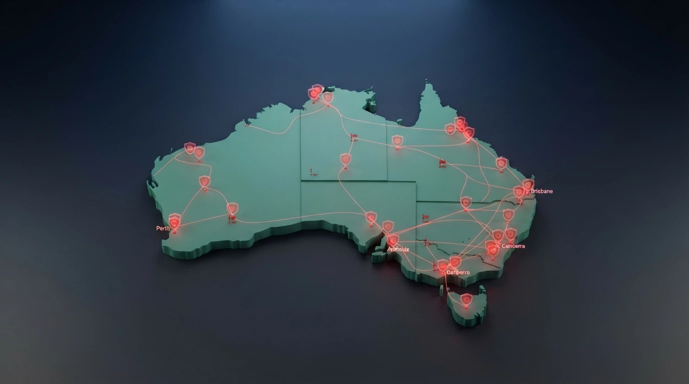 A stylised Australian map with blocked-site icons radiating outward and the ACMA logo, over a laptop showing a restricted-access warning