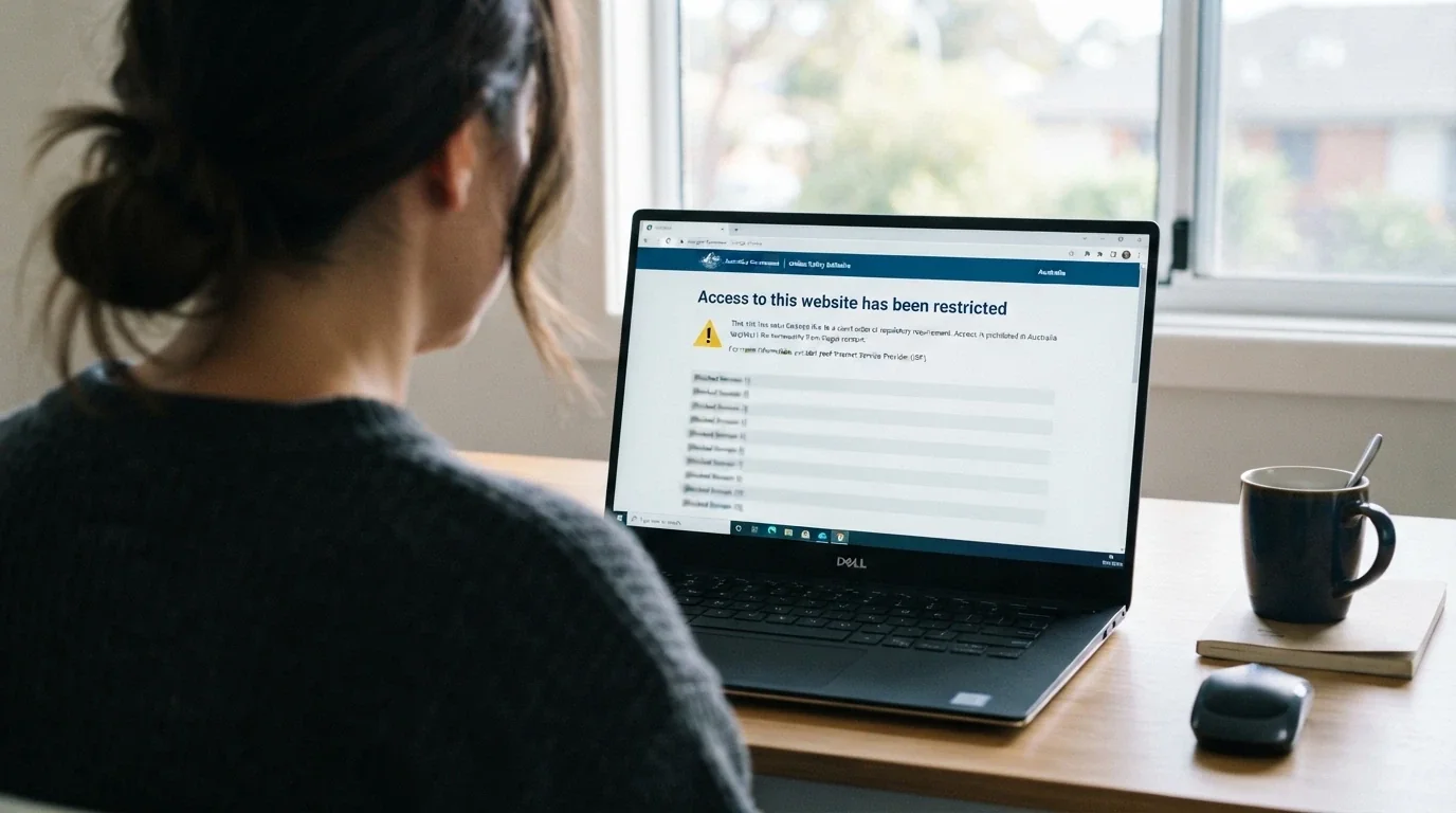 The ACMA website homepage or a browser screenshot displaying an ISP-level blocking notice for an illegal gambling site