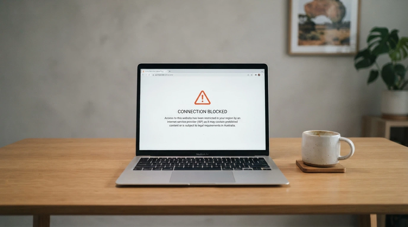 A laptop screen displaying an ACMA blocking notice — a white page with the Australian Government crest and text stating the site has been blocked under the Interactive Gambling Act 2001