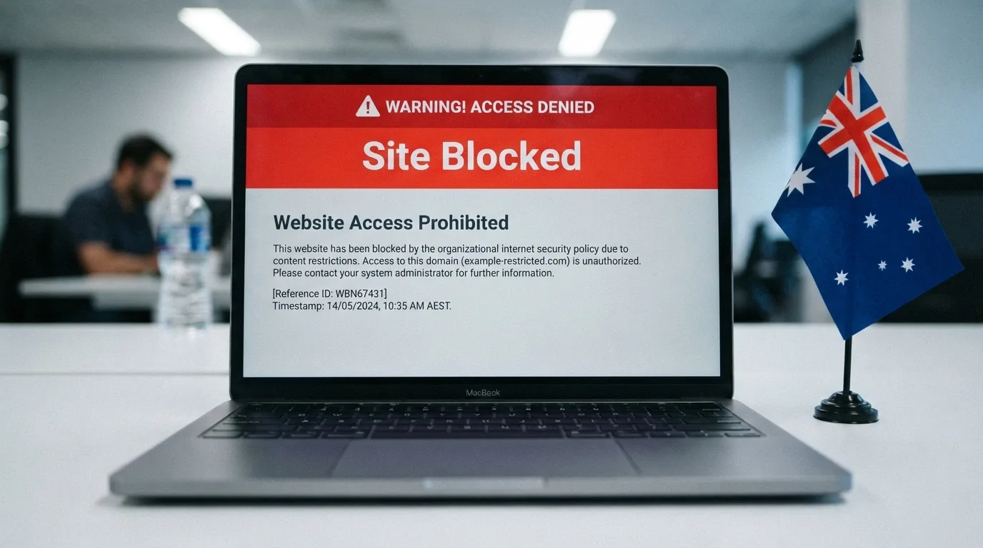 An ACMA website blocking notice displayed on a computer screen with an Australian flag in the background