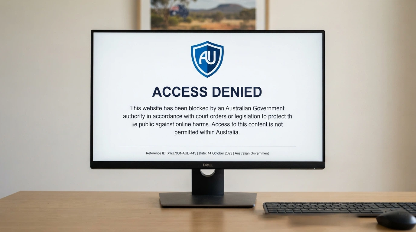 A stylised representation of an ACMA site-blocking notice page as it appears to an Australian internet user, with the ACMA logo visible
