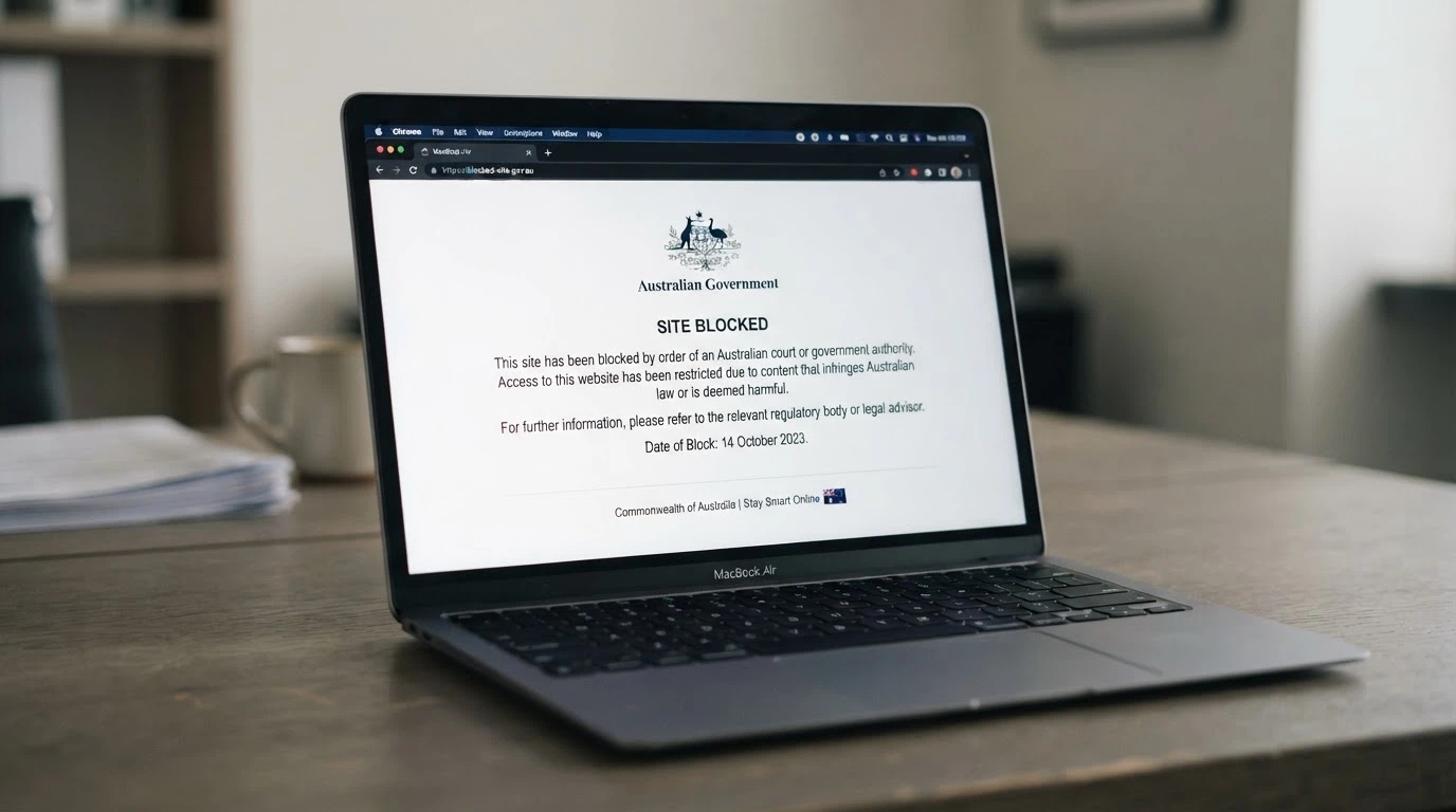 A browser window displaying an ACMA blocking notice — a white page with official text stating the site is blocked under Australian law