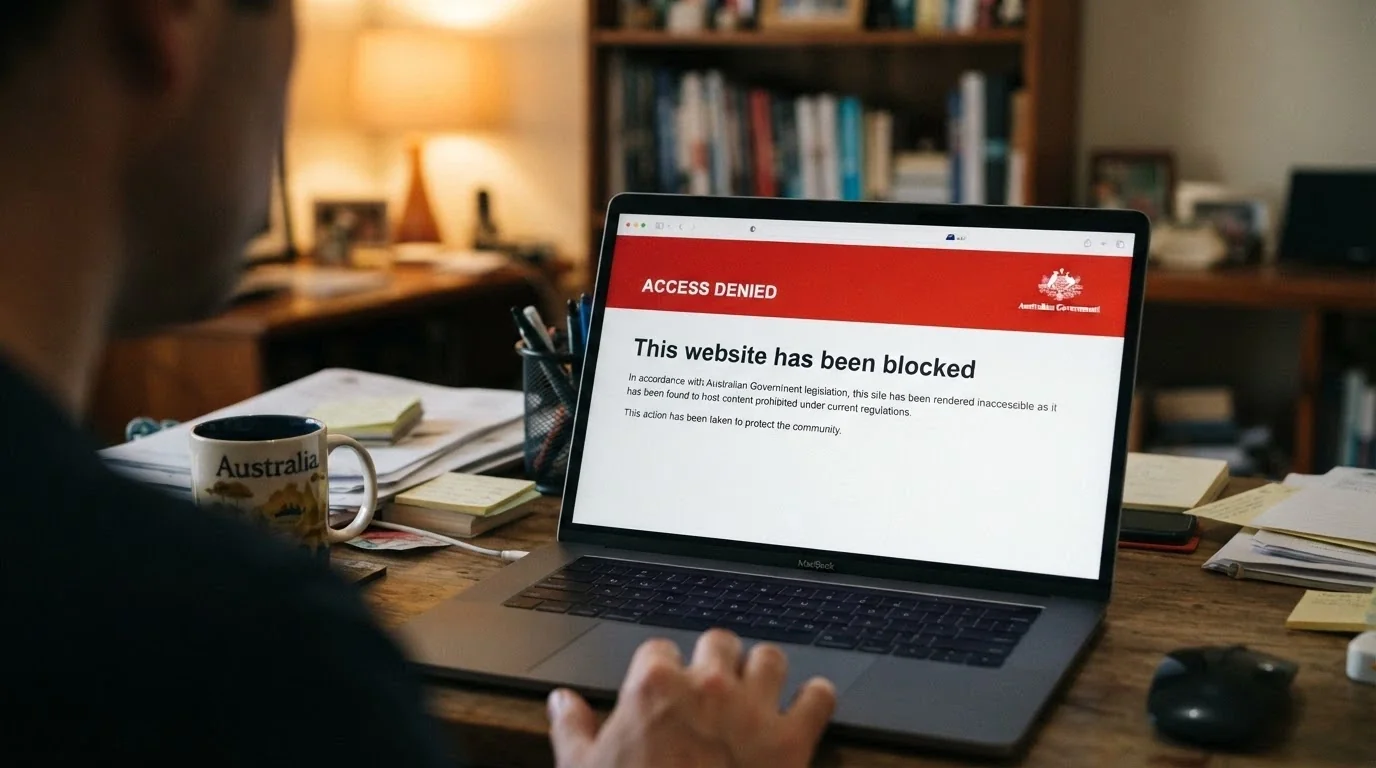 A browser window showing an ACMA site-blocking notice — the familiar “blocked” page an Australian sees when an illegal gambling site is taken down