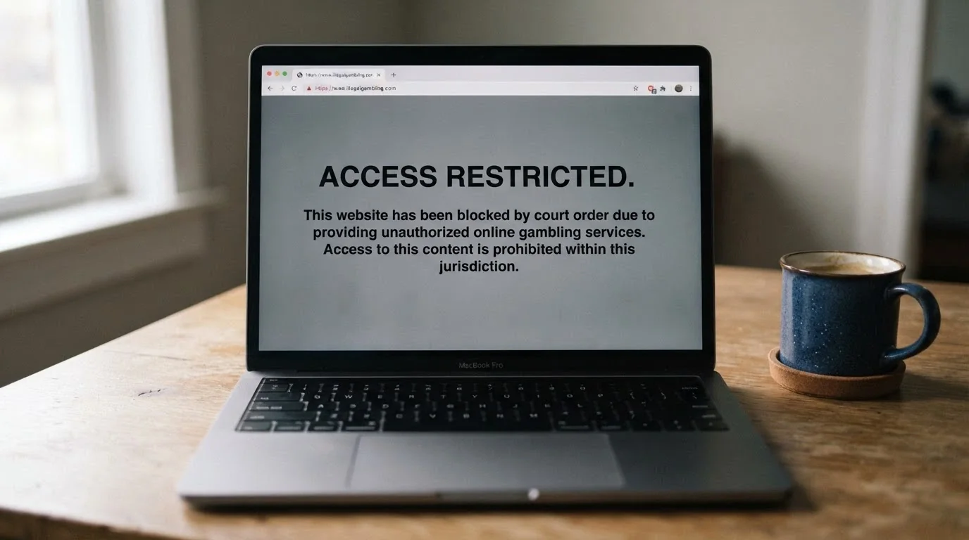 A browser window showing an ACMA blocking notice displayed instead of a gambling site