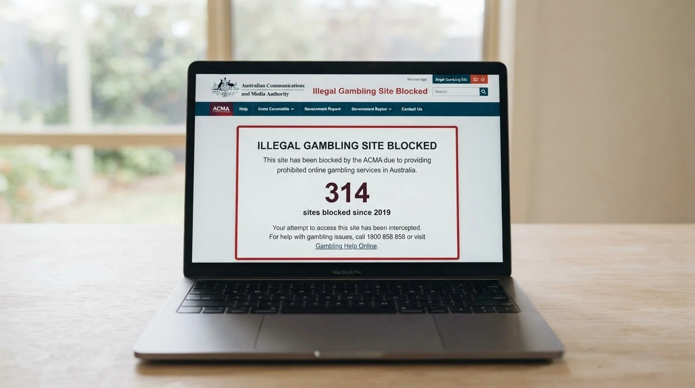 The ACMA website with a visible blocking-order notice and a tally of blocked sites, an Australian Government crest in the header