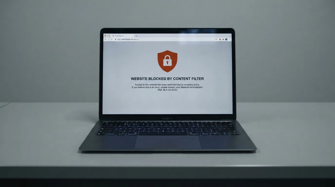 The ACMA logo beside a browser screen showing an ISP block page for an illegal gambling site