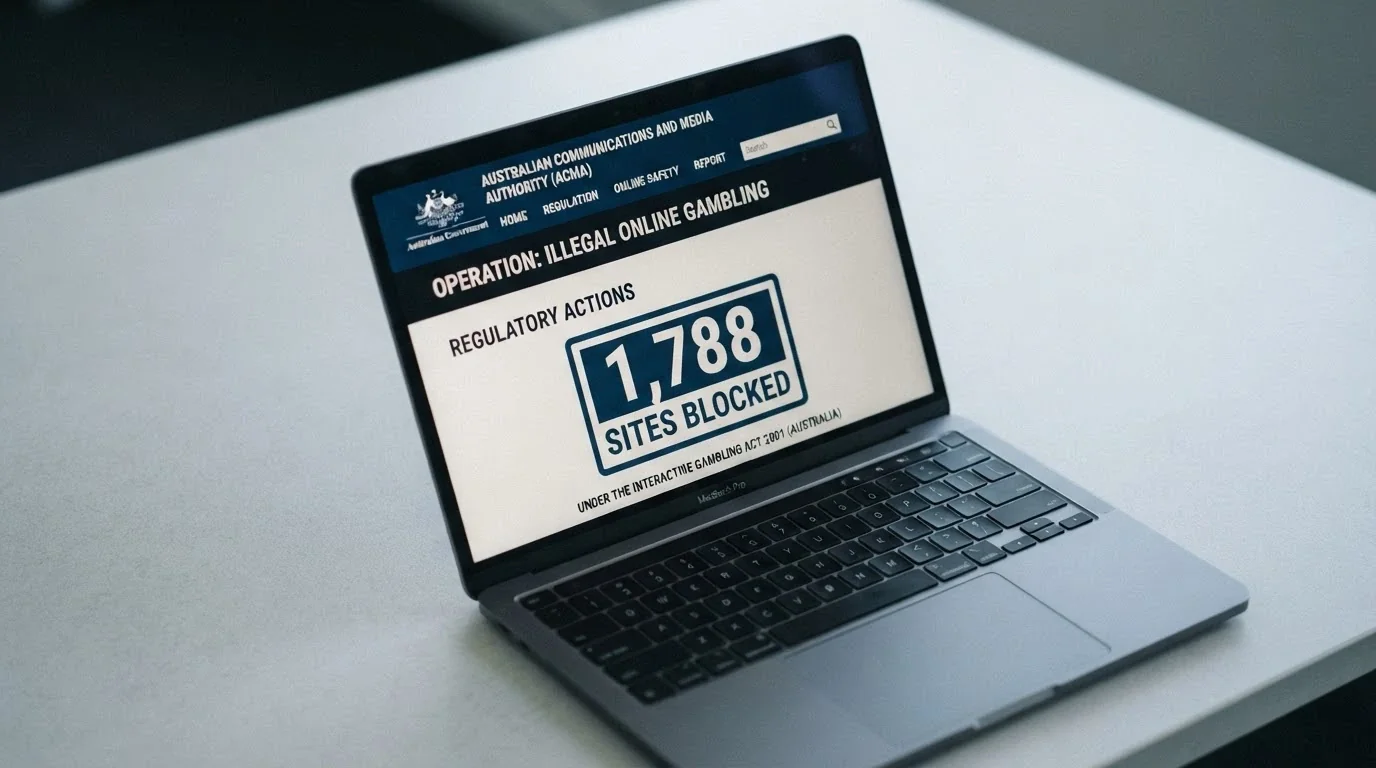 The ACMA website header with “Illegal online gambling” in the navigation bar and a block-counter graphic reading “1,788 sites blocked” beneath it.