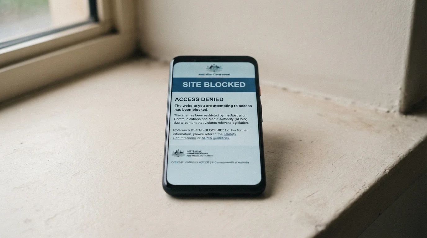 An Australian smartphone displaying an ACMA blocking-notice page