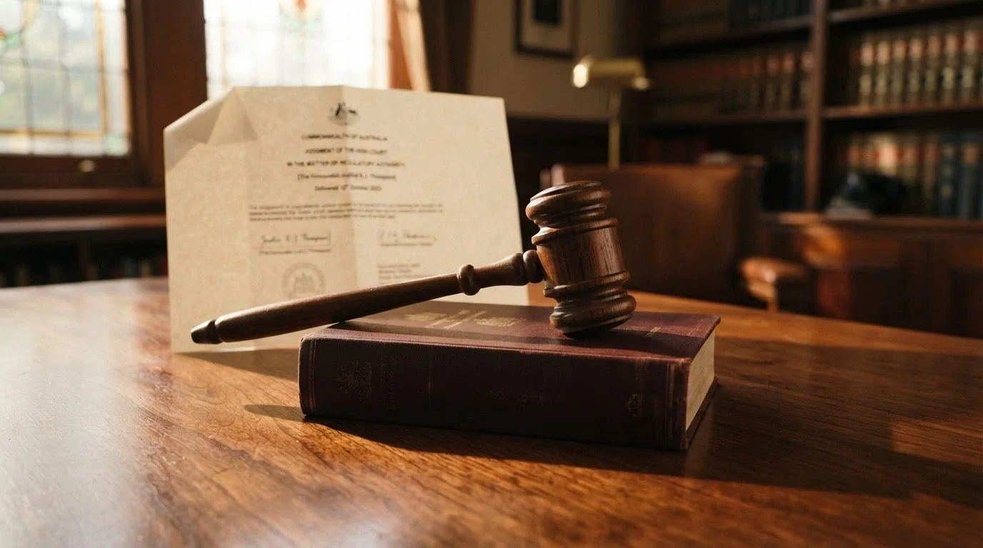 An official-looking document with the ACMA reference and a gavel, representing Australian gambling regulation and enforcement
