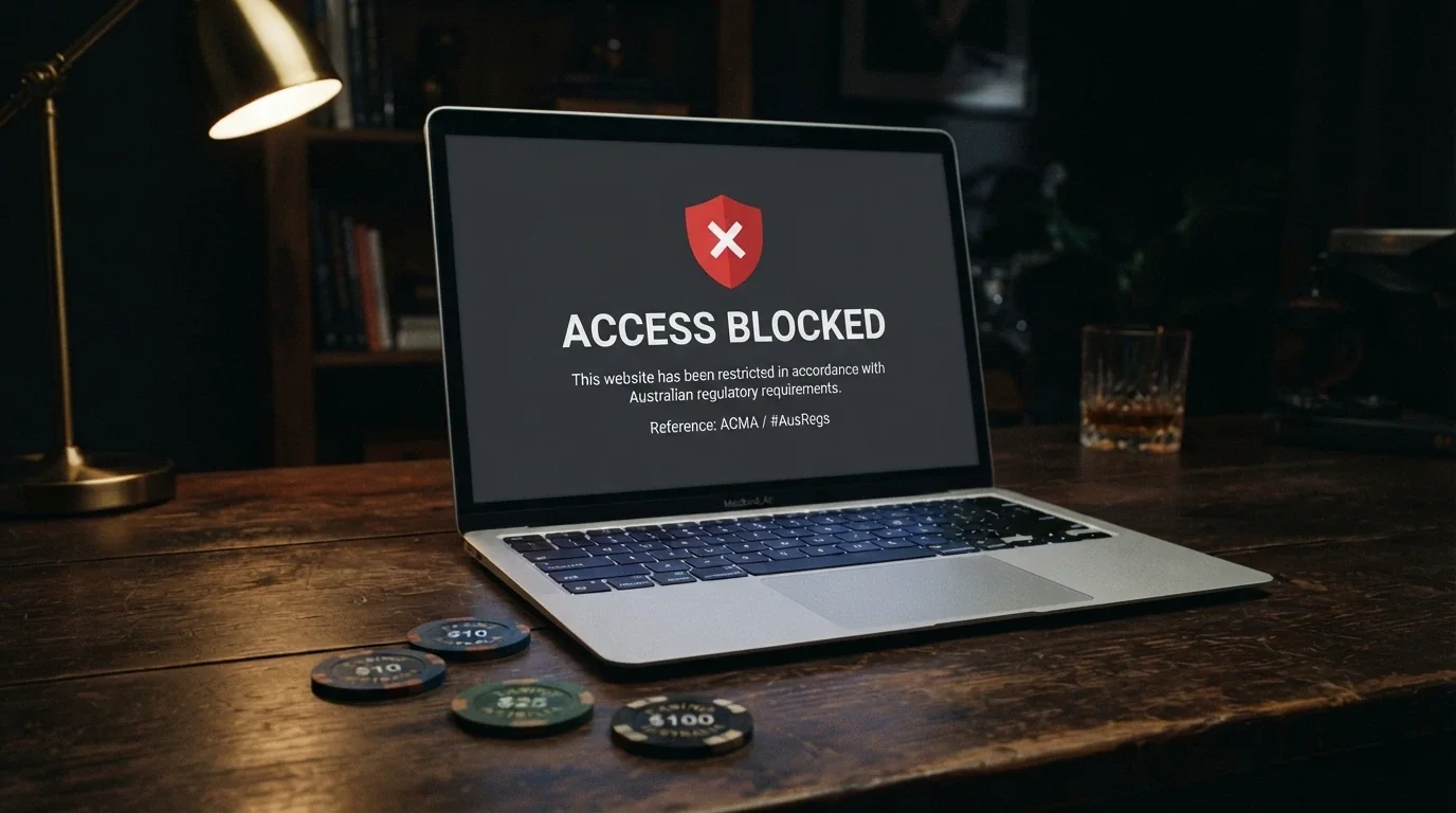 A laptop screen showing an ACMA website blocking notice with the Australian coat of arms visible, overlaid on a muted background of casino chips.