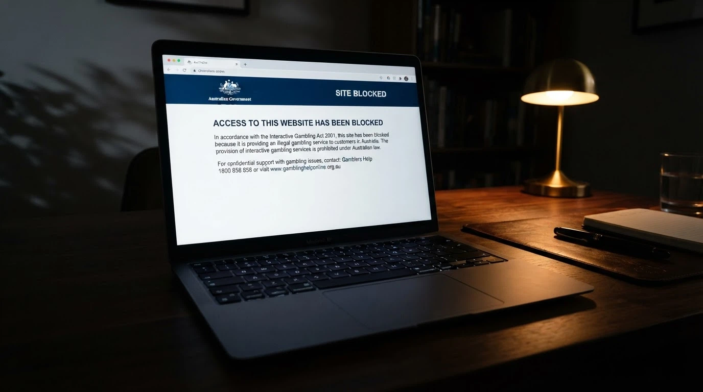 A browser window displaying the standard ACMA site-blocking landing page — the white screen with the official Australian Government coat of arms and the text explaining the site has been blocked under the Interactive Gambling Act