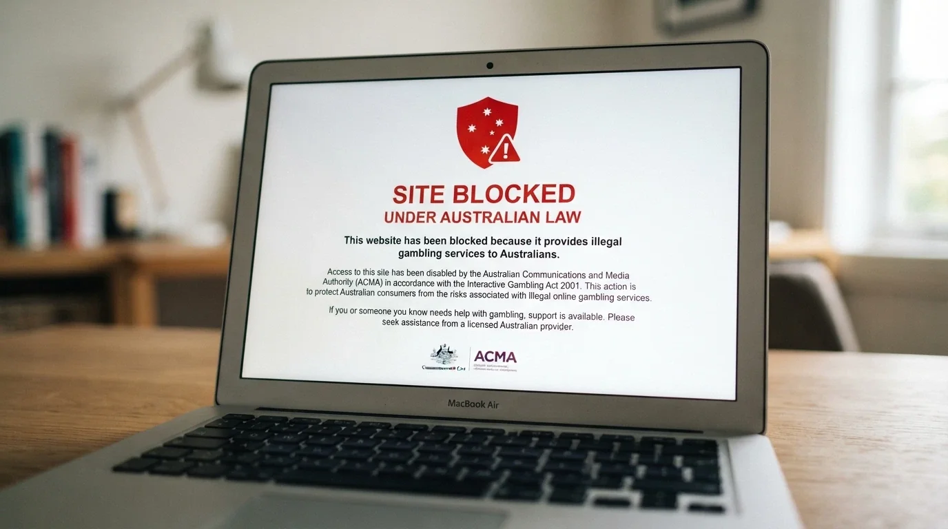 A computer screen displaying an ACMA website-blocking notice for an illegal gambling site