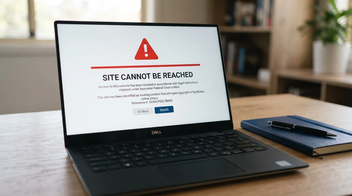 A laptop screen displaying the ACMA website-blocking notice page — the Australian coat of arms, a message stating the site is inaccessible under the Interactive Gambling Act 2001, and a reference to the ACMA's enforcement role