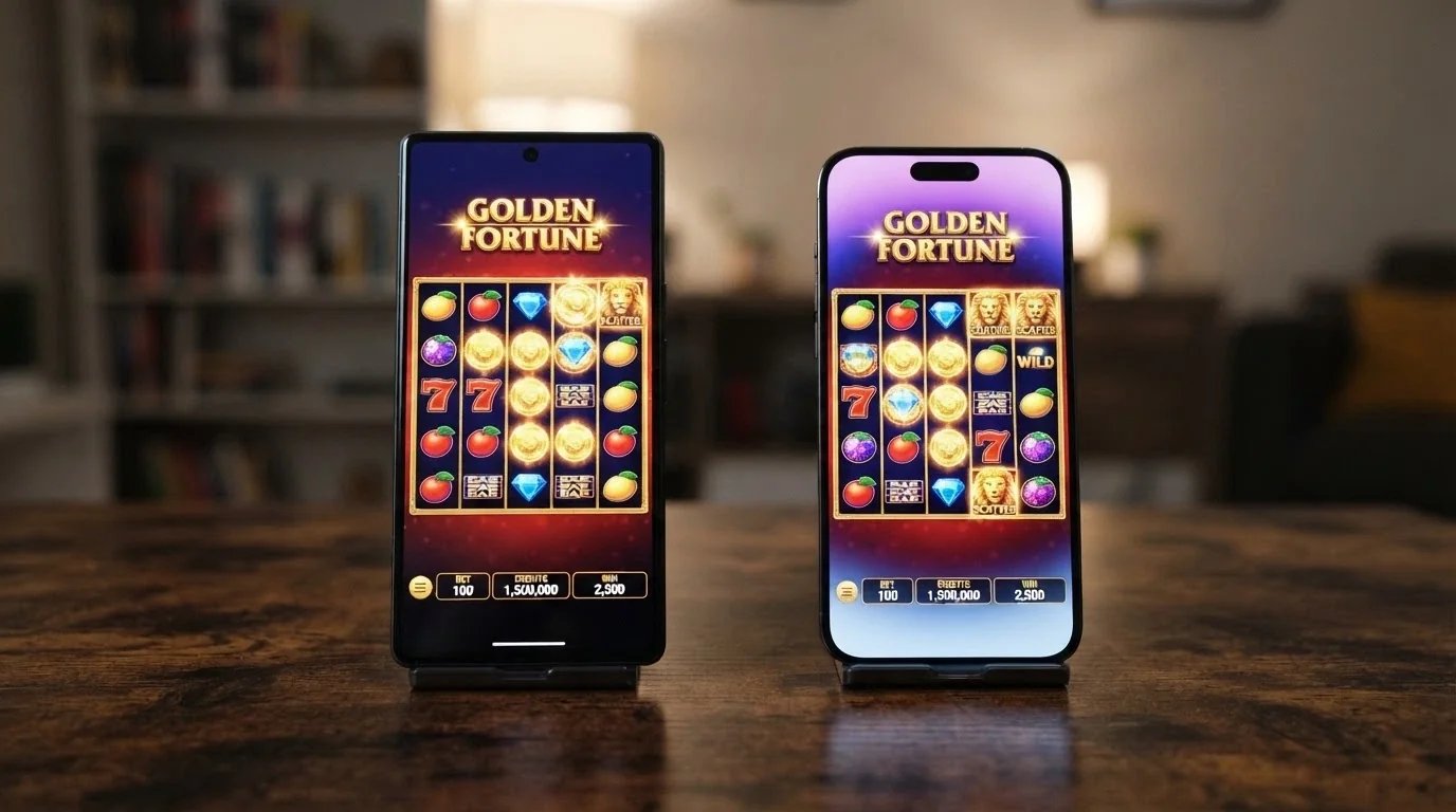 Two phones held side by side — an Android device and an iPhone — both displaying the same pokies game on screen with identical layouts