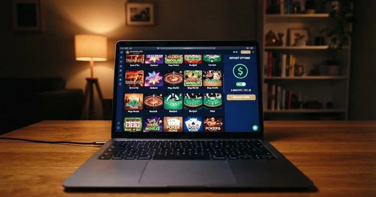 A laptop screen showing a crypto casino lobby with a Bitcoin deposit interface, no ID-verification badge visible, with an Australian dollar currency toggle in the corner