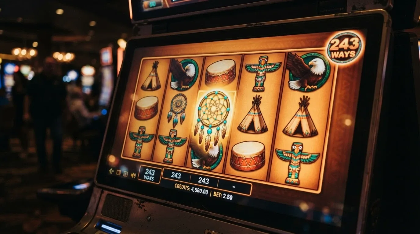 The Indian Dreaming slot interface showing five reels with dreamcatcher scatter symbols and the 243-ways badge visible
