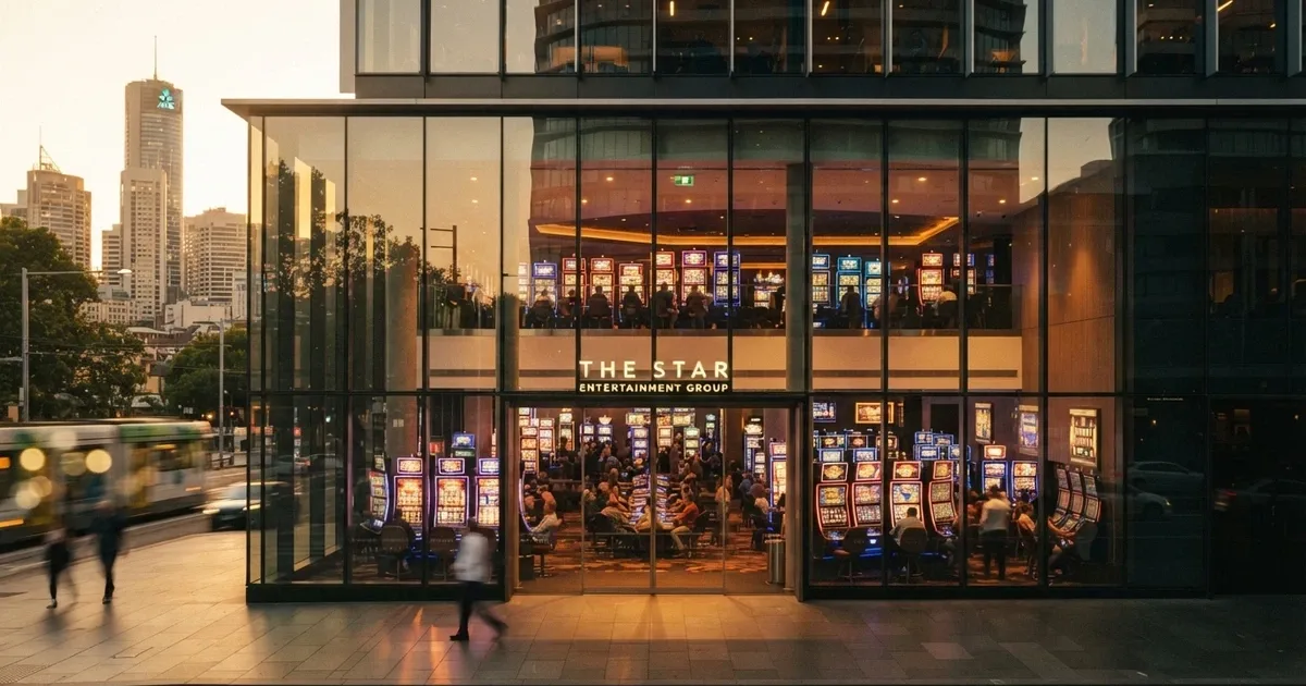 Aristocrat Leisure Ltd signage at the company's Sydney headquarters, with poker-machine cabinets visible through a glass facade