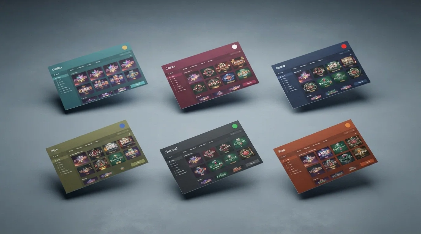 A side-by-side grid of casino site homepage thumbnails, each with a small flag icon indicating its offshore licence jurisdiction