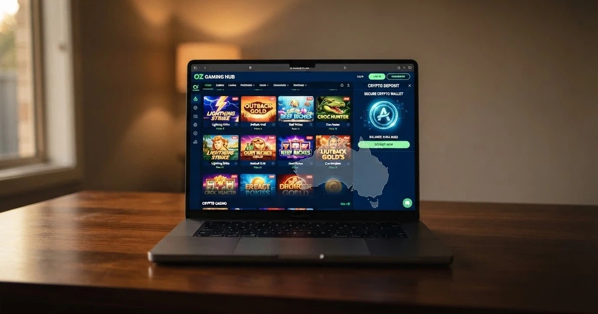A laptop screen showing an offshore crypto casino lobby with cryptocurrency deposit options and pokies thumbnails, overlaid with a subtle Australian map outline