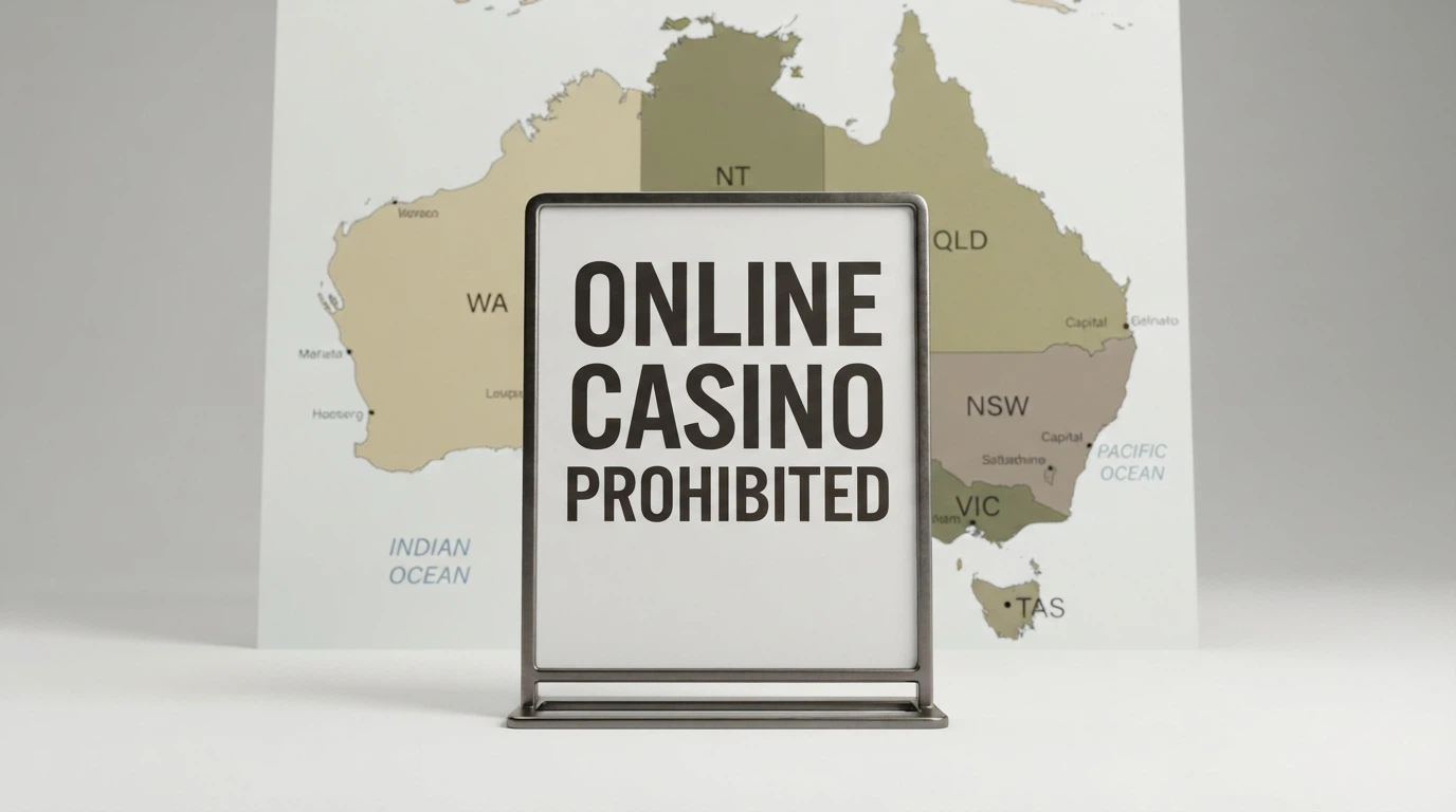 A sign reading “online casino prohibited” set against a map of Australia