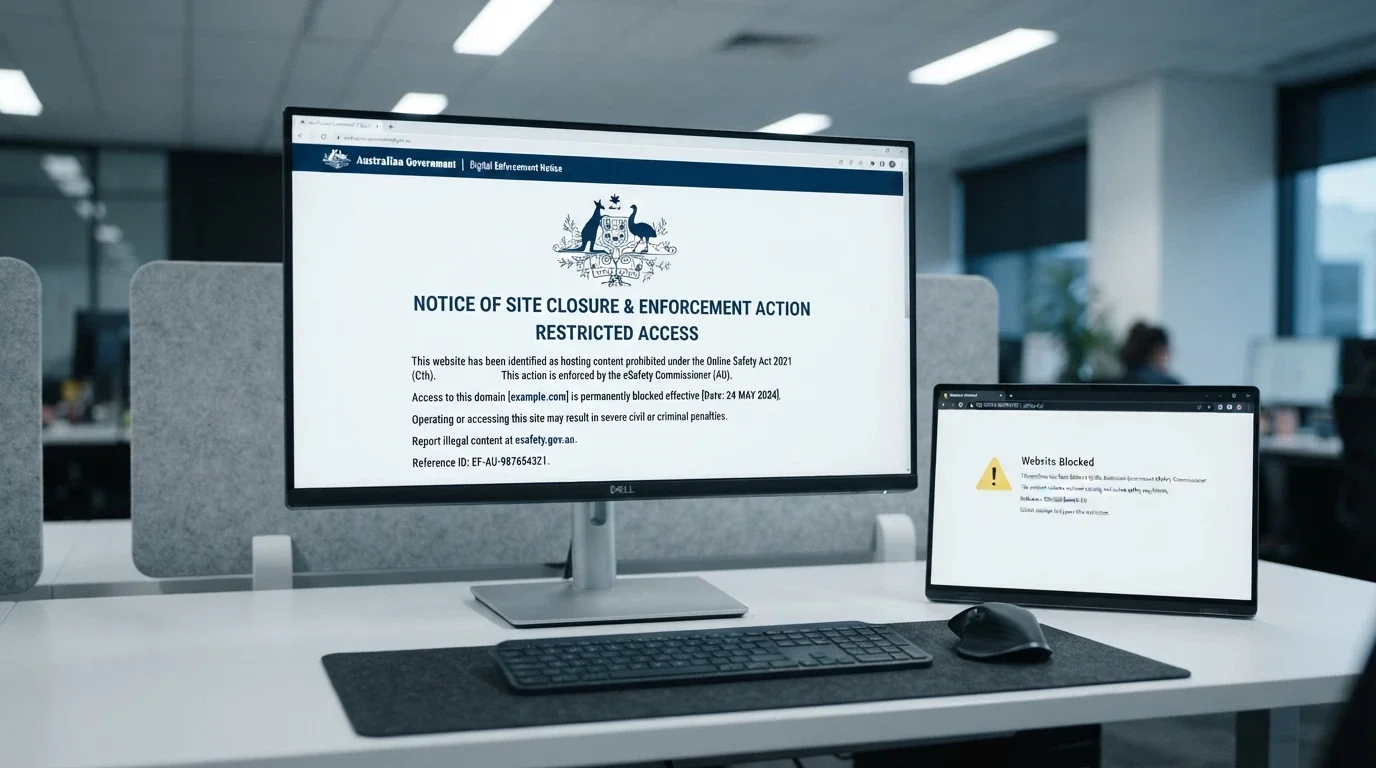 The ACMA logo on an official-looking webpage beside a screenshot of a blocked-site notice displayed in a browser window