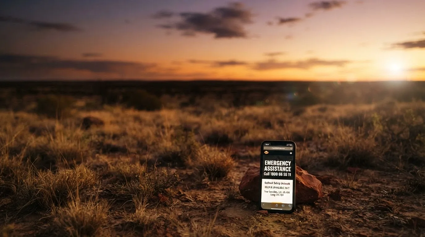 An Australian outback horizon at dusk, with a smartphone in the foreground paused on a responsible-gambling support page — the helpline number 1800 858 858 visible on screen